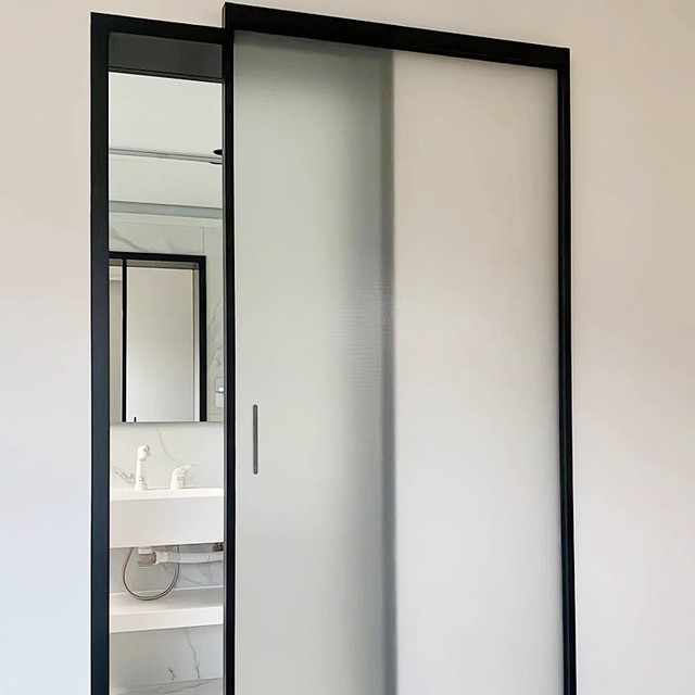 CE Glass Pocket Door System in White Invisible Track Hardware Magic Mirror Door With Frame Soft Sliding System Door