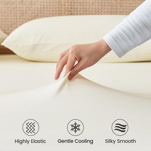 Drap-housse rafraîchissant <span class=keywords><strong>Queen</strong></span> Size avec 2 taies d'oreiller Ensemble de draps respirants pour dormeur chaud et sueurs nocturnes Crème Blanc - Product Image 3