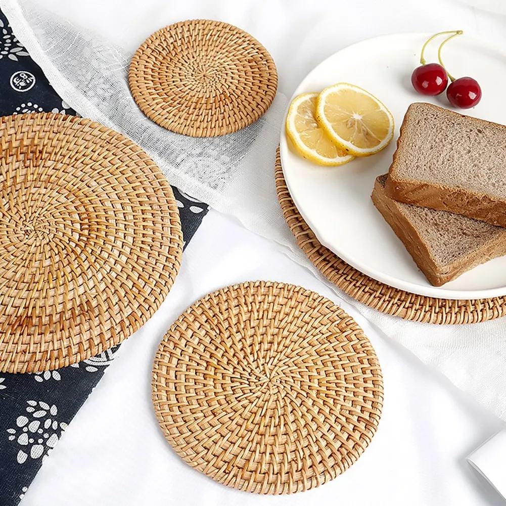 Wholesales Woven Cup Coasters With Holder Set Natural Rattan Placemats Rattan Table Mats For Dinning Room