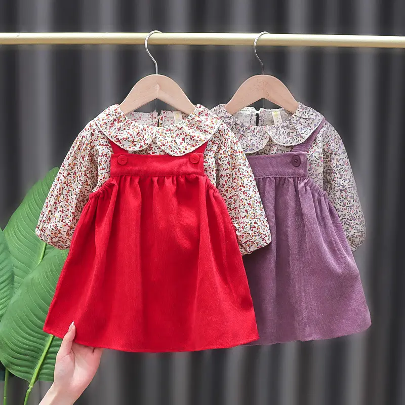 Insieme Dei Vestiti delle ragazze Dei Bambini del Vestito Vestiti Del Bambino Del Cotone del Vestito 2021 di Autunno della Molla 1-3Y Dei Bambini di Stile Coreano Floreale T-Shirt di Moda