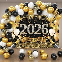 Kit de décoration de fête d'anniversaire et de Nouvel An 2026 : Bannière et ballons noirs et dorés en soie et plastique – Fournitures chinoises