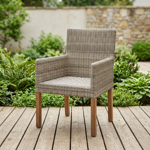 Chaises de salle à manger d'extérieur minimalistes en rotin et osier, couleur naturelle, bois de teck d'Indonésie, coussin imperméable, certifié FLEGT - Product Image 3