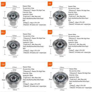 艾德林 LED 圆形喷泉灯 6W IP68 直径 130mm 单色水下可调光 2 年保修 不锈钢钢化玻璃 - Product Image 6
