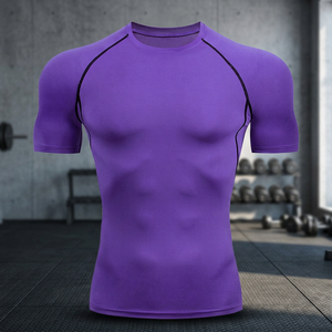 เสื้อยืดแขนสั้นสีม่วงสำหรับผู้ชาย ทรงเข้ารูป สปอร์ต คอกลม ผ้าเนื้อแน่น ขายส่ง รับสกรีนโลโก้ตามแบบ - Product Image 4