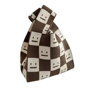Smiley Vest Bag Trendy Knitted Clutch Shopping Bag Checkerboard Contrast Color Handbag