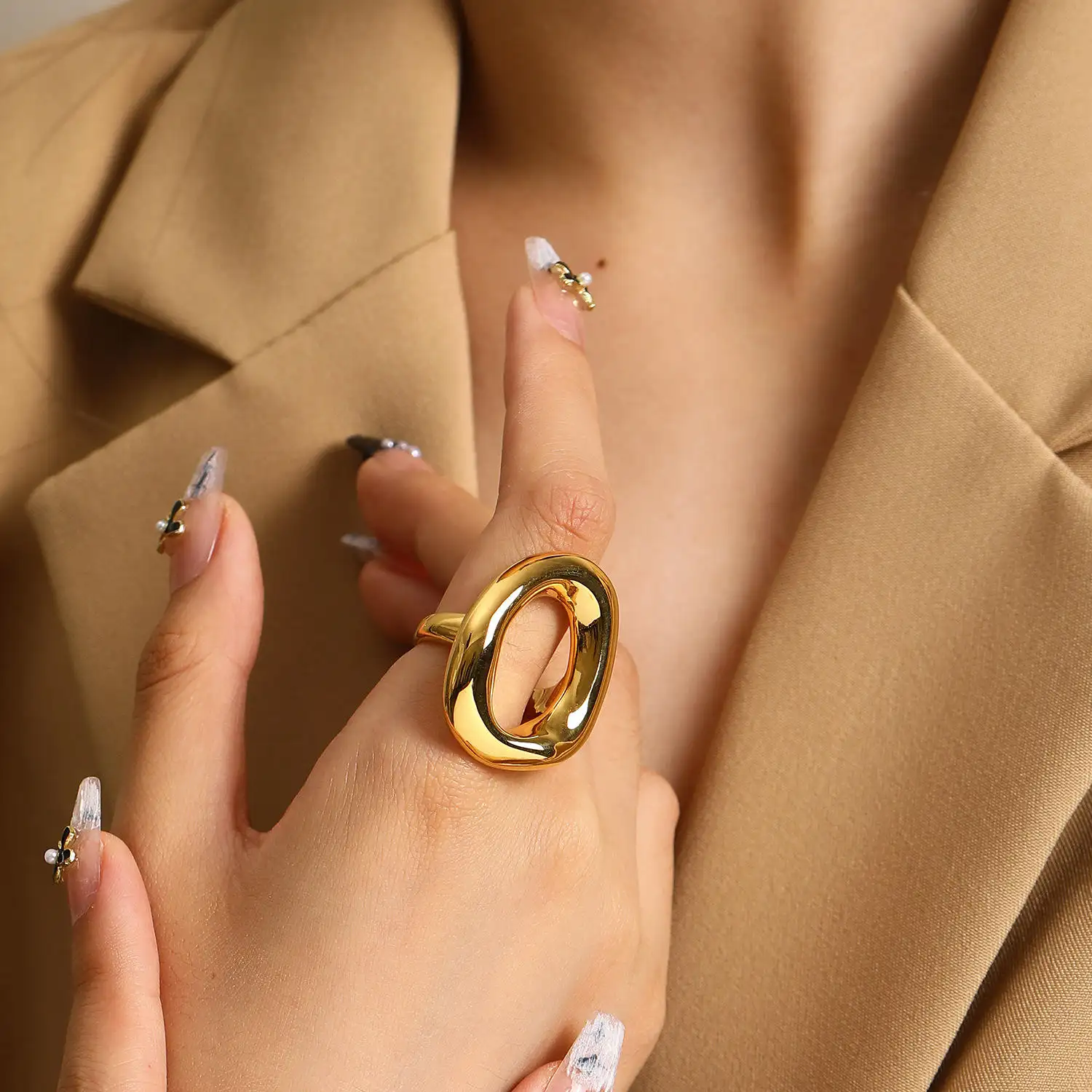 Vershal VSC218 cincin tahan air wanita, Perhiasan tidak teratur halus 18k lapis emas baja tahan karat