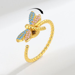 Anillos Abiertos con Circonitas de Colores, Chapados en Oro sobre Cobre, Diseño Creativo de Libélula Giratoria, Joyería para Aliviar la Ansiedad para Mujeres - Product Image 2