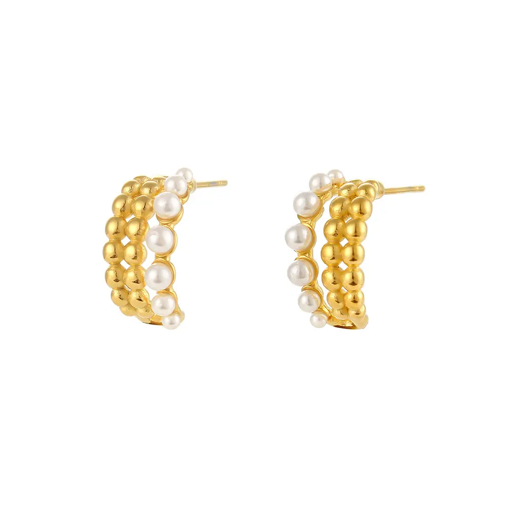 Good quality stainless steel pearl beaded three layers stud earring designer luxury women jewelry freshwater pearl stud earrings