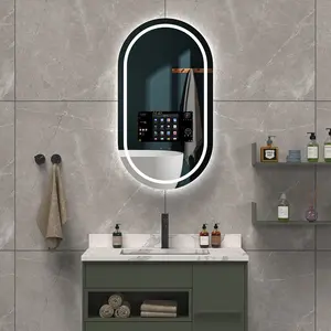 مرآة حمام ذكية سحرية بمصابيح LED تعمل باللمس بنظام أندرويد في المنزل والفندق للبيع بالجملة، مرآة تليفزيون