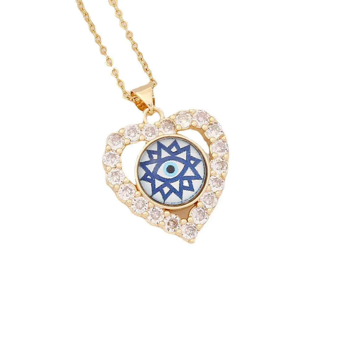 ODM Exquisite Gold Plated Pendant Necklace White Diamond Cubic Zirconia Bohemian Heart Shape Blue Eyes Necklace