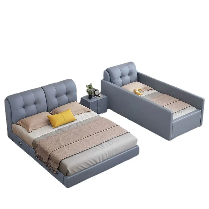 Modern Parent Child Bed With Protective Railings Tech Fabric Kids Bedroom Furniture Children's Widened Spliced Sofa Bed Frame