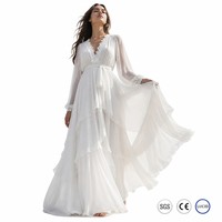 Robe longue de soirée pour femme en mousseline multicouche 120 GSM, manches transparentes, col en V, bordure en dentelle florale, style personnalisé OEM, vente en gros