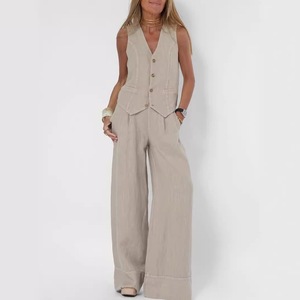 Conjunto de <span class=keywords><strong>chaleco</strong></span> de <span class=keywords><strong>lino</strong></span> y pantalones de pierna ancha para <span class=keywords><strong>mujer</strong></span>-Traje de viaje retro informal con múltiples colores - Product Image 2