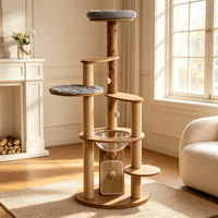 Arbre à chat BurlTower 155 cm, finition bois de bruyère, moderne, vertical, griffoir en sisal, bol en acrylique transparent, perchoirs rembourrés, double carton