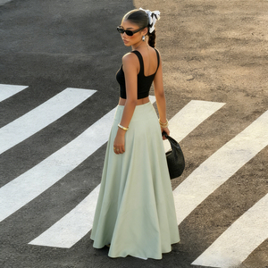 Jupe longue élégante et décontractée pour femme, taille naturelle, coupe trapèze, en satin uni, évasée, respirante, idéale pour l'été - Product Image 6