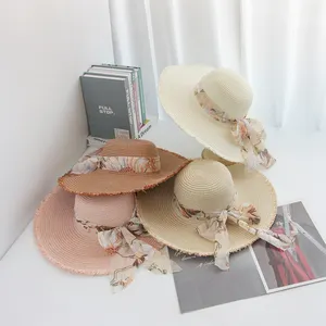 Elegant Women Summer Beach Wide Brim Floppy Fringe Silk Cloth Floral Ribbon Paper Straw Hats Custom Color Embroidery Sun Hats