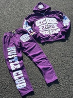 Setelan Training Pria Aplikasi Patch Distressed Kustom 100% Katun, Baju Olahraga Jogging, Tracksuit Vintage untuk Pria