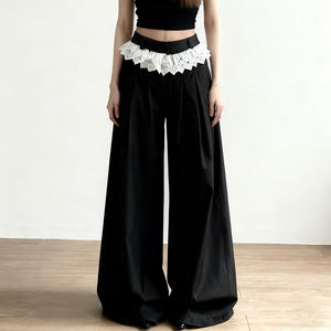 Pantalones Casuales de Encaje Dulce, Transpirables, Antiestáticos, de Spandex/Poliéster, Cómodos, de Pierna Ancha, Corte Regular, Cintura Baja, Frente Plano - Product Image 3