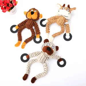 Verschillende dierlijke vorm corduroy pluche hond speelgoed met rubber ring voor kauwen