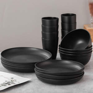 Black <b>Plastic</b> Dinnerware Set Round Bowl Plate Cup Bpa Free Home Use Solid Color Summer 2024 - Product Image 3