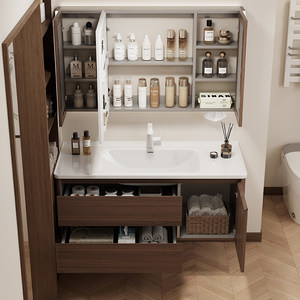 Walnut Colored MDF Integrated Basin Eco-Friendly Durable Intelligent Mirror Waterproof Wall-Mounted <b>Bathroom</b> <b>Cabinet</b> - Product Image 6