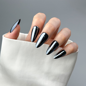 AIERFEI 24 Uñas Postizas de Gel Cromadas Negras Brillantes, Calidad de Salón, Puntas de Uñas Largas en Forma de Almendra, Uñas Artificiales de Espejo al por Mayor, Estilo Punk - Product Image 1