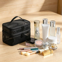 Trousse de Maquillage à 3 Niveaux en Maille, Organisateur Cosmétique, Étui de Rangement, Pochette de Voyage pour Articles de Toilette, Grande Capacité Portable, Porte-Pinceaux de Beauté, Trousse de Toilette