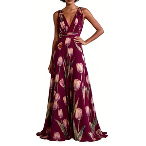 Abito lungo da <span class=keywords><strong>donna</strong></span> senza maniche con stampa tulipani, scollo a V, in chiffon, per serate ed eventi - Sehe Fashion - Product Image 4