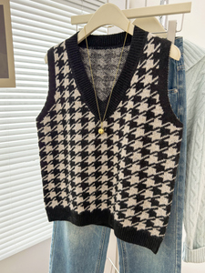Chaleco de punto sin mangas con cuello en V y estampado de pata de gallo para mujer, estilo vintage, para otoño e invierno, ideal para capas, venta al por mayor - Product Image 1