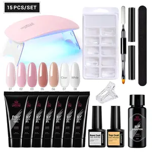 Kit de uñas de gel polivinílico con lámpara LED UV Kit de gel de uñas con extensión de base y capa superior Solución de deslizamiento Juego de uñas PolyGel