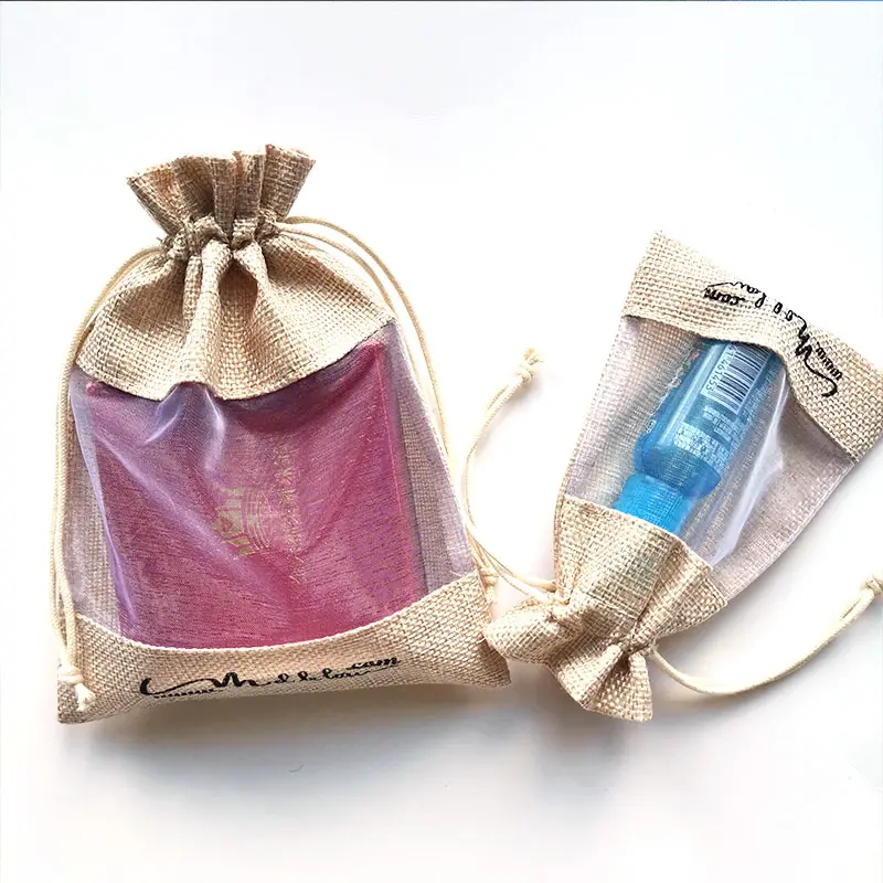 Vente en gros de pochette de sac en jute imprimée avec logo personnalisé sac à cordon en toile de jute naturelle