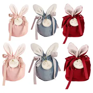 Wholesale Rabbit Ears Basket Wedding Drawstring Favors Treat Pouches Candy Gift Plush Velvet Easter Bunny Bags