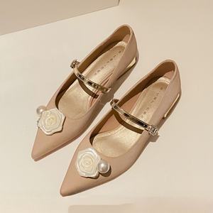 Zapatos Planos de Mujer con Punta Francesa, Diseño de Perlas y Patrón Geométrico, Parte Superior de Cuero Genuino, Ligeros e Impermeables - Product Image 2