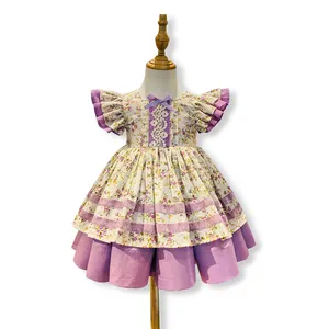 JannyBB New Arrivals Purple dress for kids girls 7-8 years print mesh ruffle girl dress kids clothing for girls