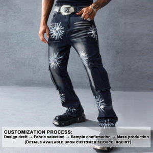 Dunkelblaue Jeans mit Sonnen muster-Silber nieten & Brief druck design | Große Tasche Strass verziert Jeans mit weitem Bein - Product Image 2