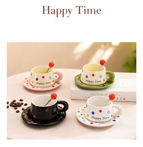 Modern Polka Dot Happy Time Ceramic Tea <b>Cup</b> <b>Saucer</b> Set with Spoon & Mug Tableware for Tea & Coffee - Product Image 2