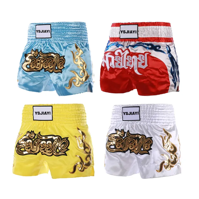 Pantaloncini da boxe su misura tessuto di raso di alta qualità Muay Thai kickboxing MMA pantaloncini da boxe per arti marziali