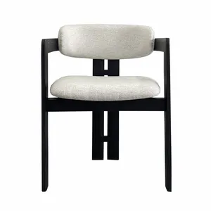 2024 Mid Century Modern Black Solid Ash Wood Dining Armchair White Fabric Wooden Restaurant Dining Chair