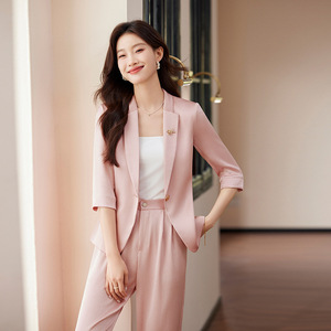 Pink Women's Summer Suit Set Three Quarter Sleeve Satin Office Lady Professional Casual Breathable Polyester Fabric - Product Image 3