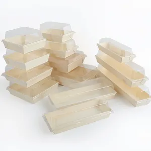 定制Logo印刷食品级木质寿司盒外卖沙拉午餐便当蛋糕面包包装盒带透明盖