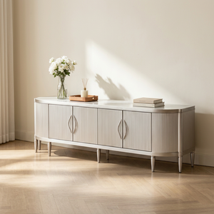 Premium Silver Fluted TV Stand, Modern Curved <b>Sideboard</b> with Ribbed Doors for Living Room Storage - Product Image 1