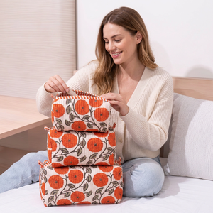 Ensemble de trousses de toilette en coton style floral orange, 3 pièces, fermeture éclair, style bohème, multifonctionnel, pour voyage, disponible en ligne - Product Image 1