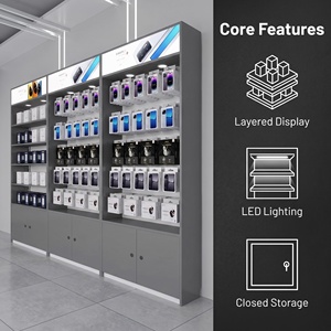 Modern <strong>Grey</strong> Digital <strong>Display</strong> <strong>Cabinet</strong> for Mobile Phone Shop Multi-layer Retail Showcase with LED Lightbox &amp; Accessory Hook Rack - Product Image 2