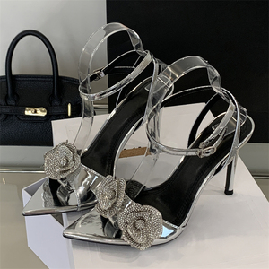 Sandales à talons hauts ouverts pour femmes XSD Factory, design nuptial doré, fleur rose, respirantes, talon fin, populaires, été/automne - Product Image 4