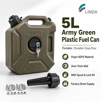 Bidon à essence pour moto Linda 5L en HDPE vierge vert olive, paroi épaisse de 3 mm, accessoires en plastique, bouchon verrouillable, bec verseur