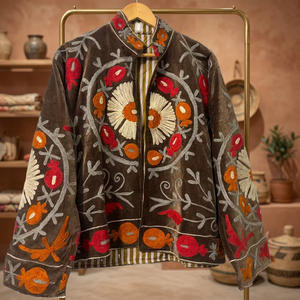Pink Suzani Embroidered Knitted Velvet Quilted Reversible Bomber <b>Jacket</b> Vintage <b>Hippie</b> Style Autumn Winter Breathable Nylon Wool - Product Image 3