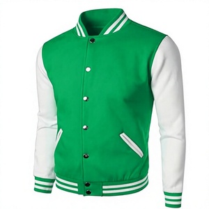 Men Green White Varsity Jacket Regular Fit Stand Collar <b>Covered</b> <b>Button</b> Closure Breathable Canvas 300g Embroidered High Street - Product Image 1