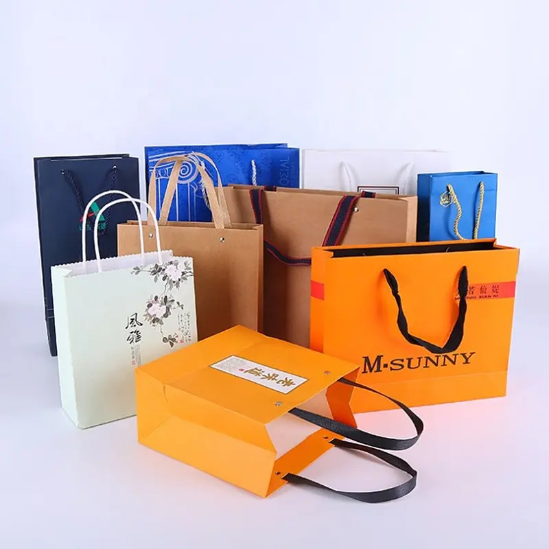 カラフルなカードギフト包装紙オレンジカスタムショッピングバッグ、ロゴとリボンハンドル付き