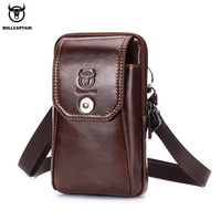 BULLCAPTAIN Sac banane décontracté en cuir véritable pour homme avec fermeture éclair, pochette pour téléphone avec logo tête de taureau en relief, étui pour téléphone