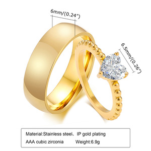 Bagues de couple en acier titane doré, incrustées de zircone cubique étincelante, minimalistes, pour mariage ou promesse, étanches - Product Image 2